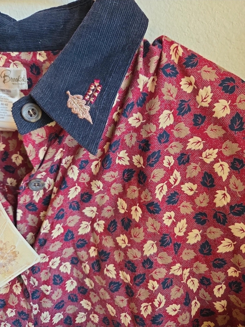 Bobbie Brooks Red Leaf-Print Button-Down with Navy Corduroy Collar